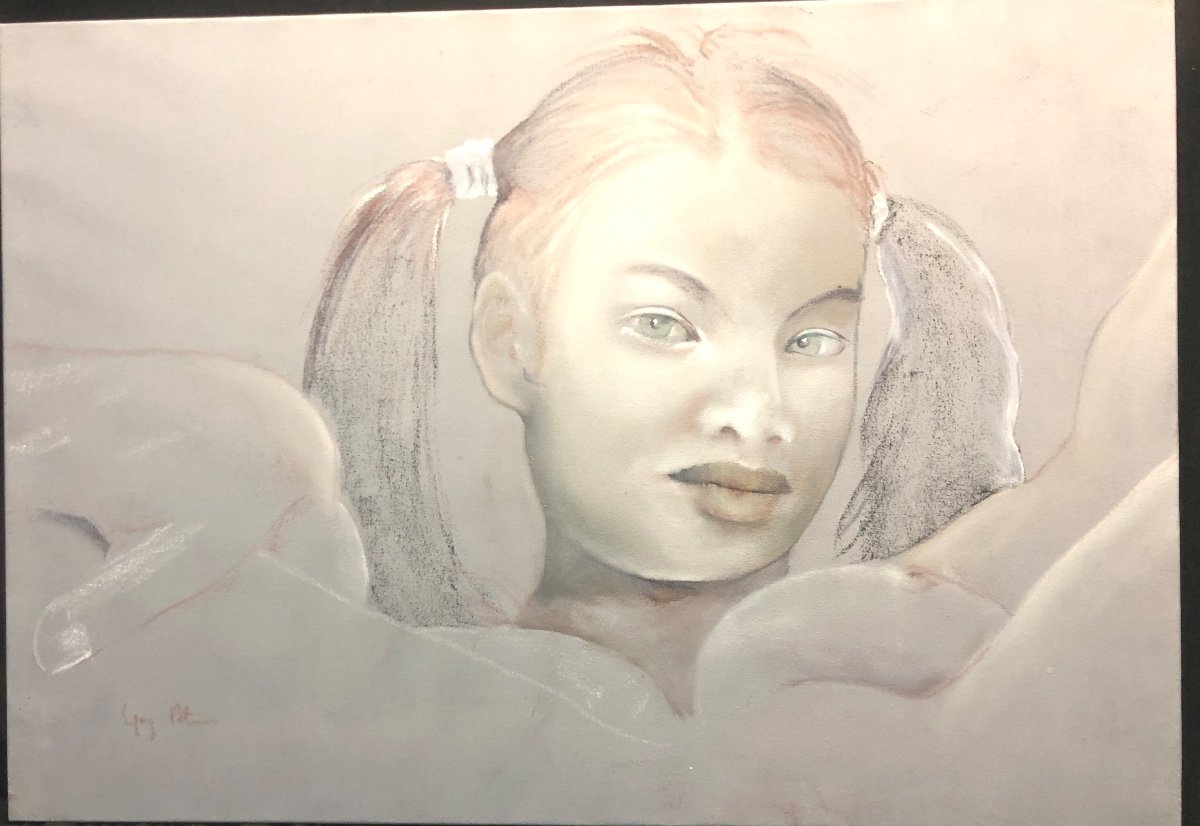 Guy PATRIER XXe Grande huile 81x116cm Jeune femme aux nattes Fond d’atelier 26