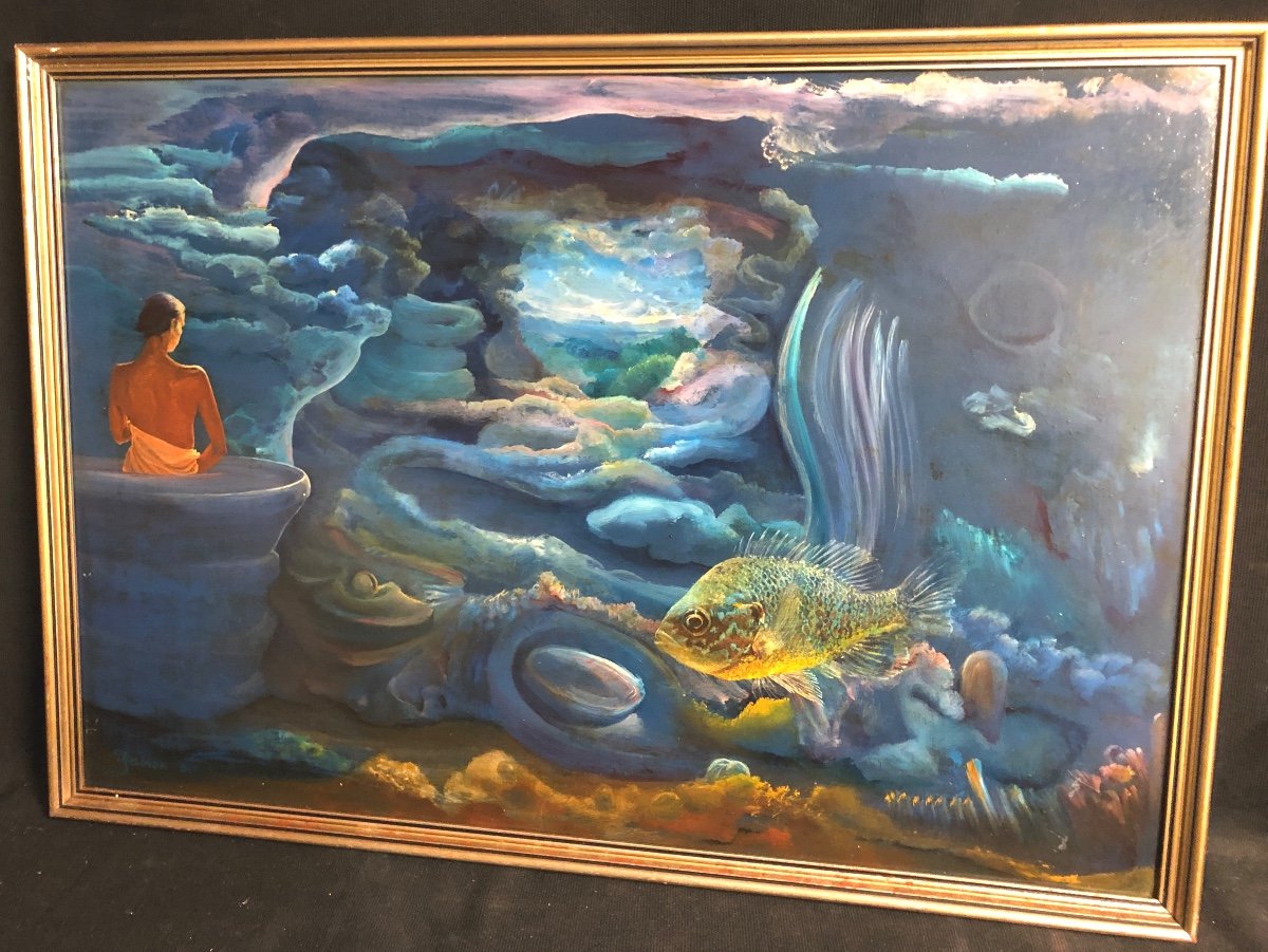 Louis P. FABIEN 1924-2016 Grande huile onirique Jeune Femme au décor aquatique Poisson Mer 