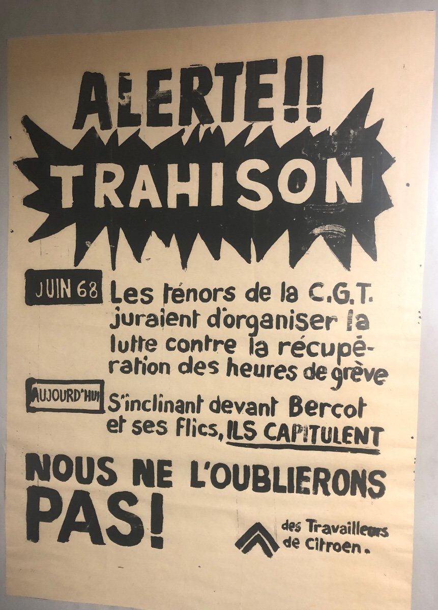 RARE Affiche Mai Juin 68 Alerte Trahison Citroën CGT