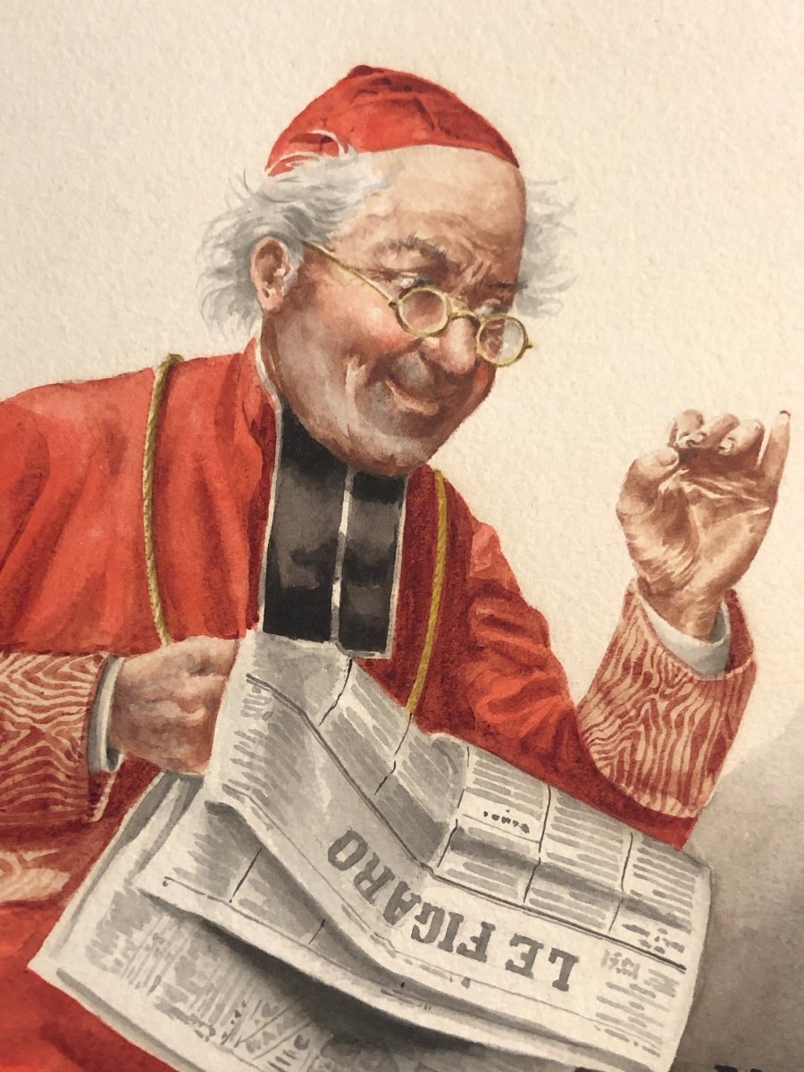 F. JEANNIN GROS XIXe-xxe Lecteur du FIGARO aquarelle homme d’ église Journal Presse -photo-4