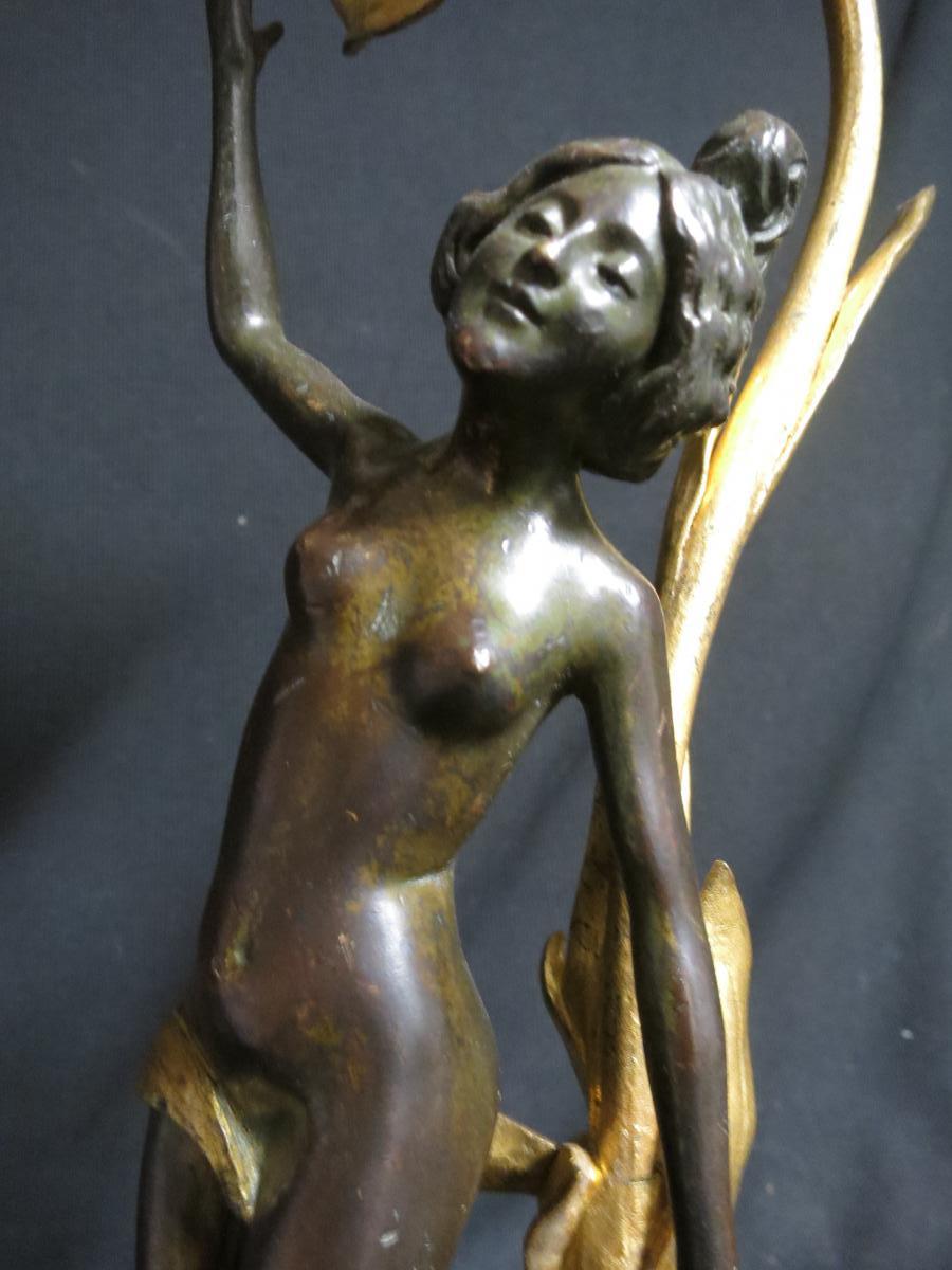 Rare Lampe Art Nouveau De Charles-emile Jonchery Femme Fleur En Bronze-photo-2