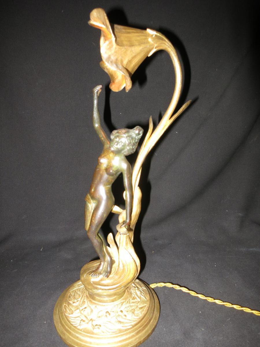 Rare Lampe Art Nouveau De Charles-emile Jonchery Femme Fleur En Bronze-photo-4