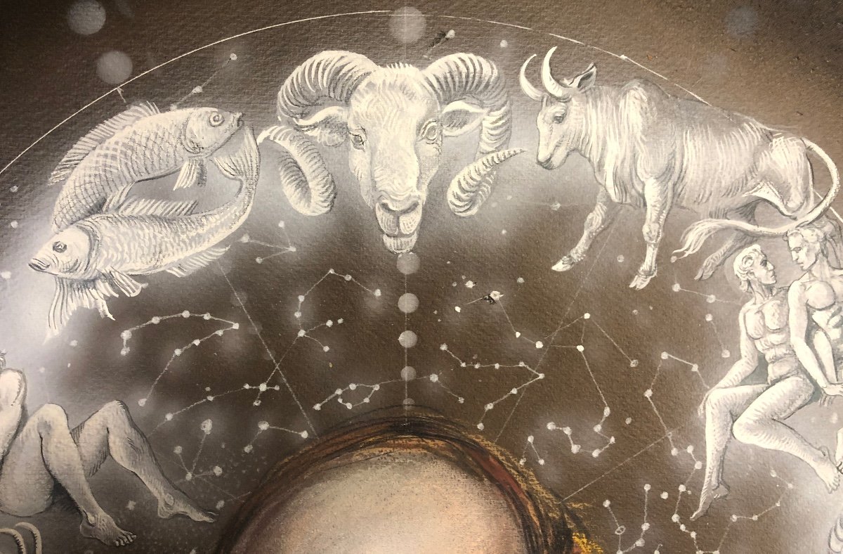Valentin Lange 20th-20th Astronomer Large Pastel Zodiac-photo-3