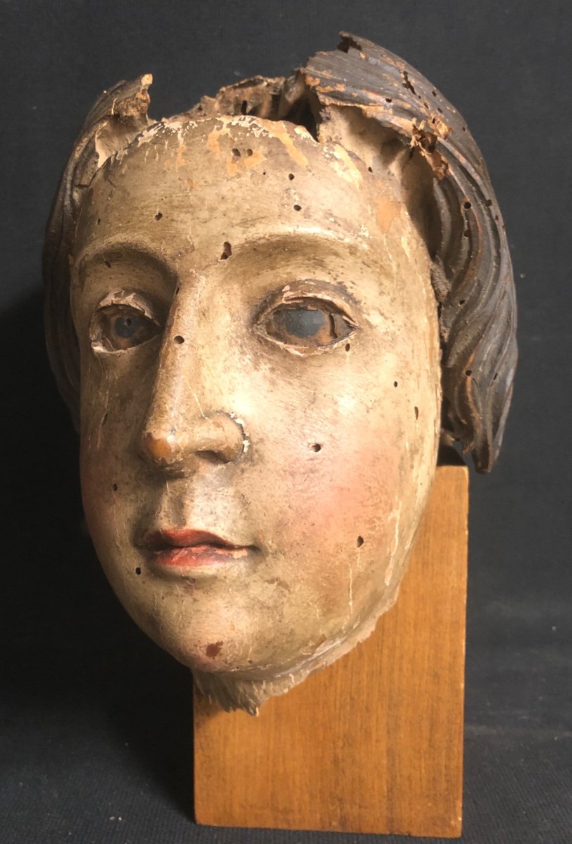 17th Century Polychrome Wooden Sculpture Woman's Head On Pedestal-photo-4