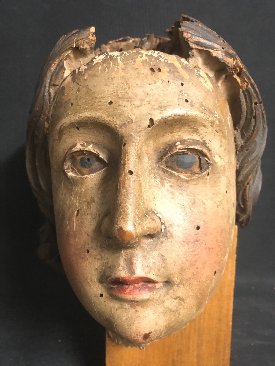 17th Century Polychrome Wooden Sculpture Woman's Head On Pedestal-photo-2