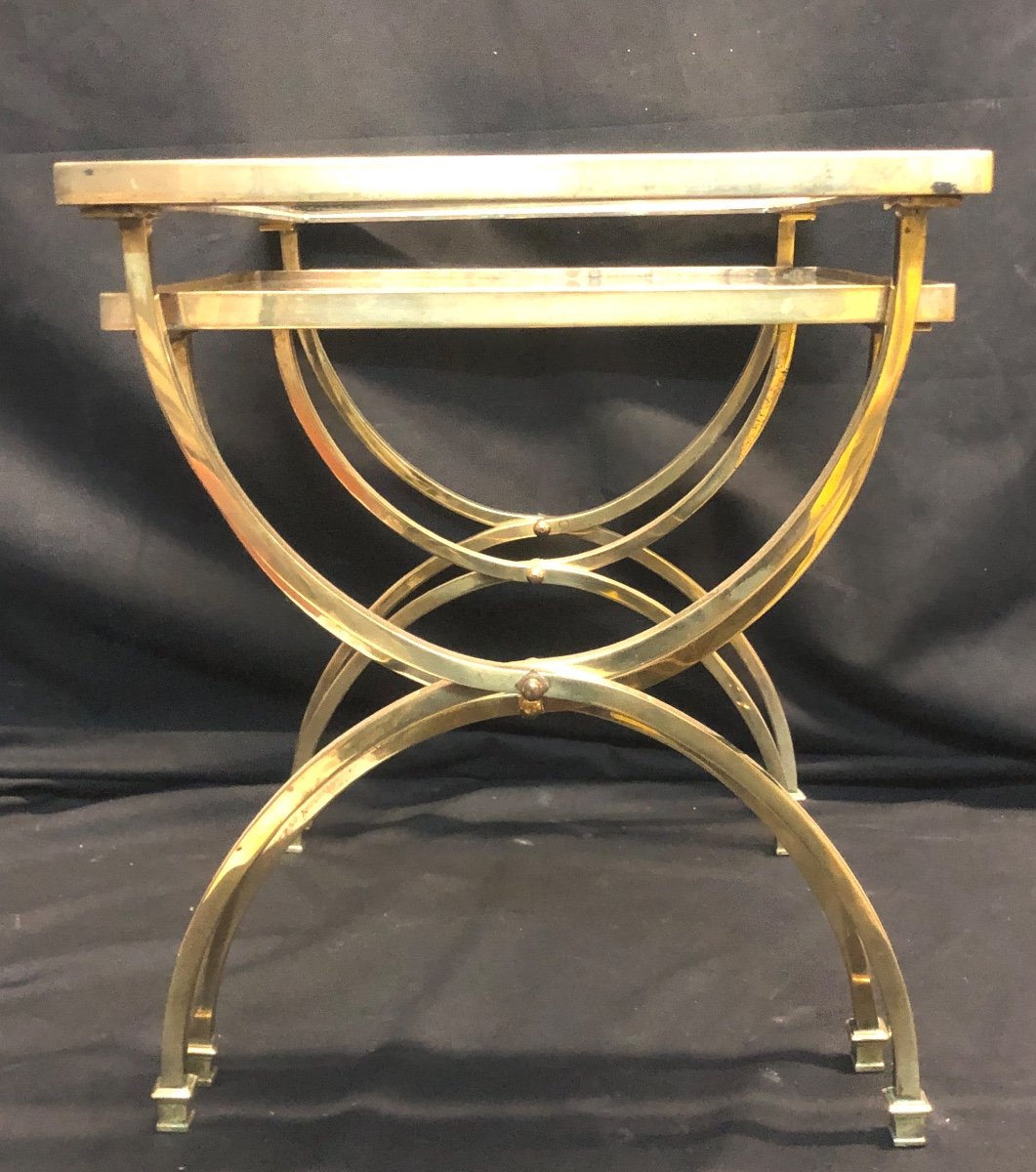 Paire de tables gigognes 1970 en bronze néoclassique et verre trempé Gigogne dans le gout de JANSEN -photo-3