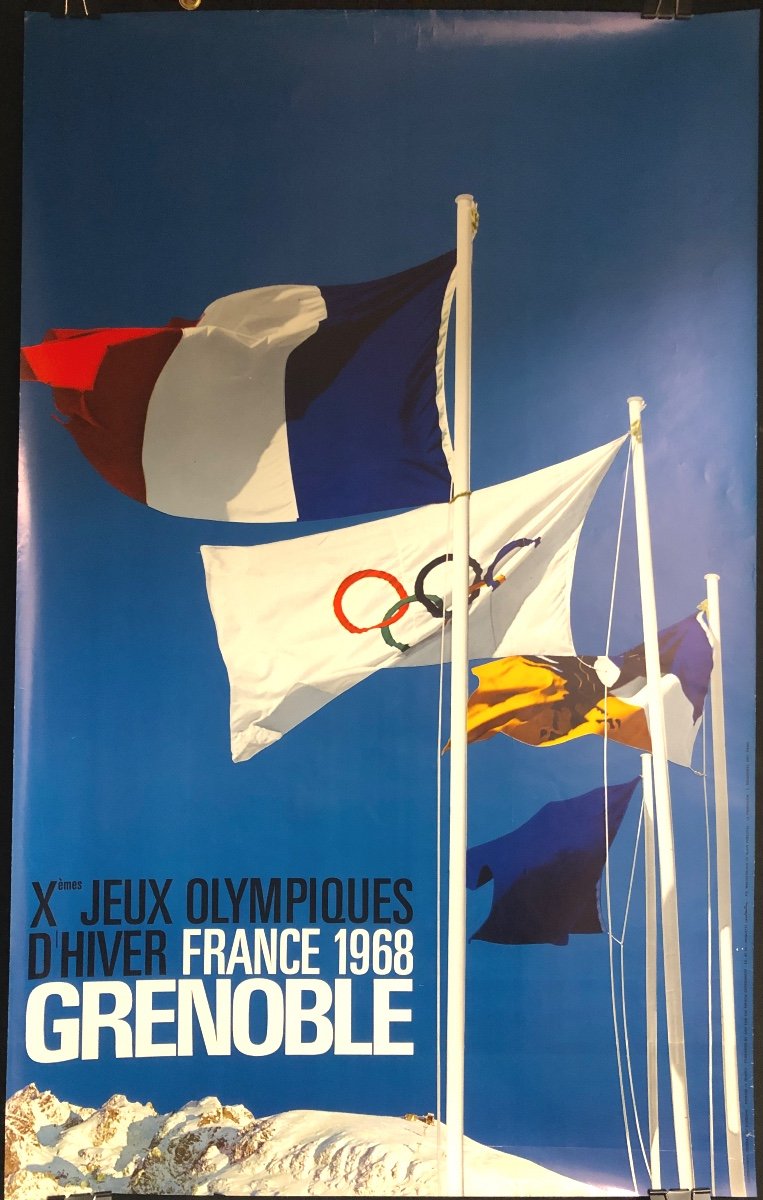 Affiche Originale 1968 JEUX OLYMPIQUES D'HIVER DE GRENOBLE Drapeaux Sport