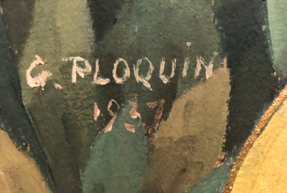Gaston PLOQUIN 1882-1970 Huile et or 1937 Vierge à L’enfant Art Deco colombe -photo-4