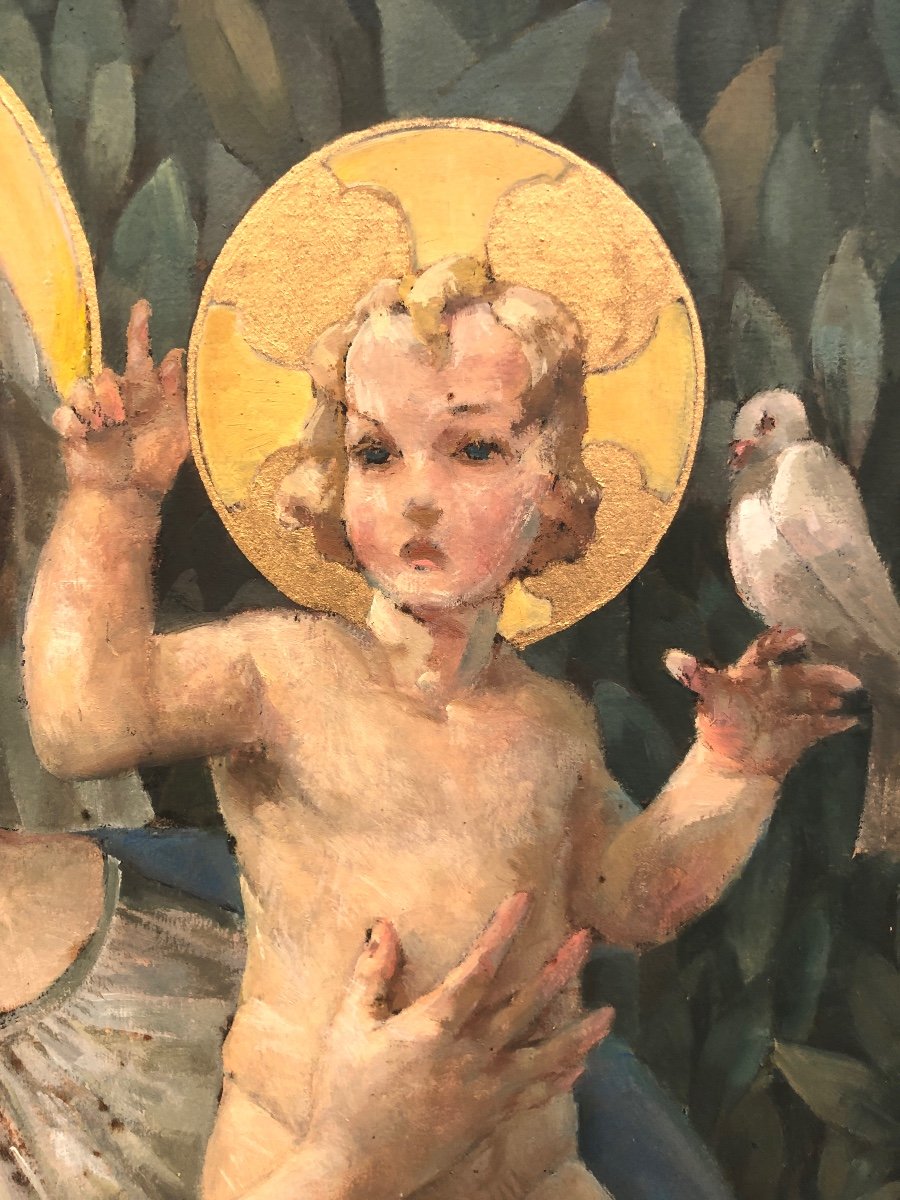 Gaston PLOQUIN 1882-1970 Huile et or 1937 Vierge à L’enfant Art Deco colombe -photo-3