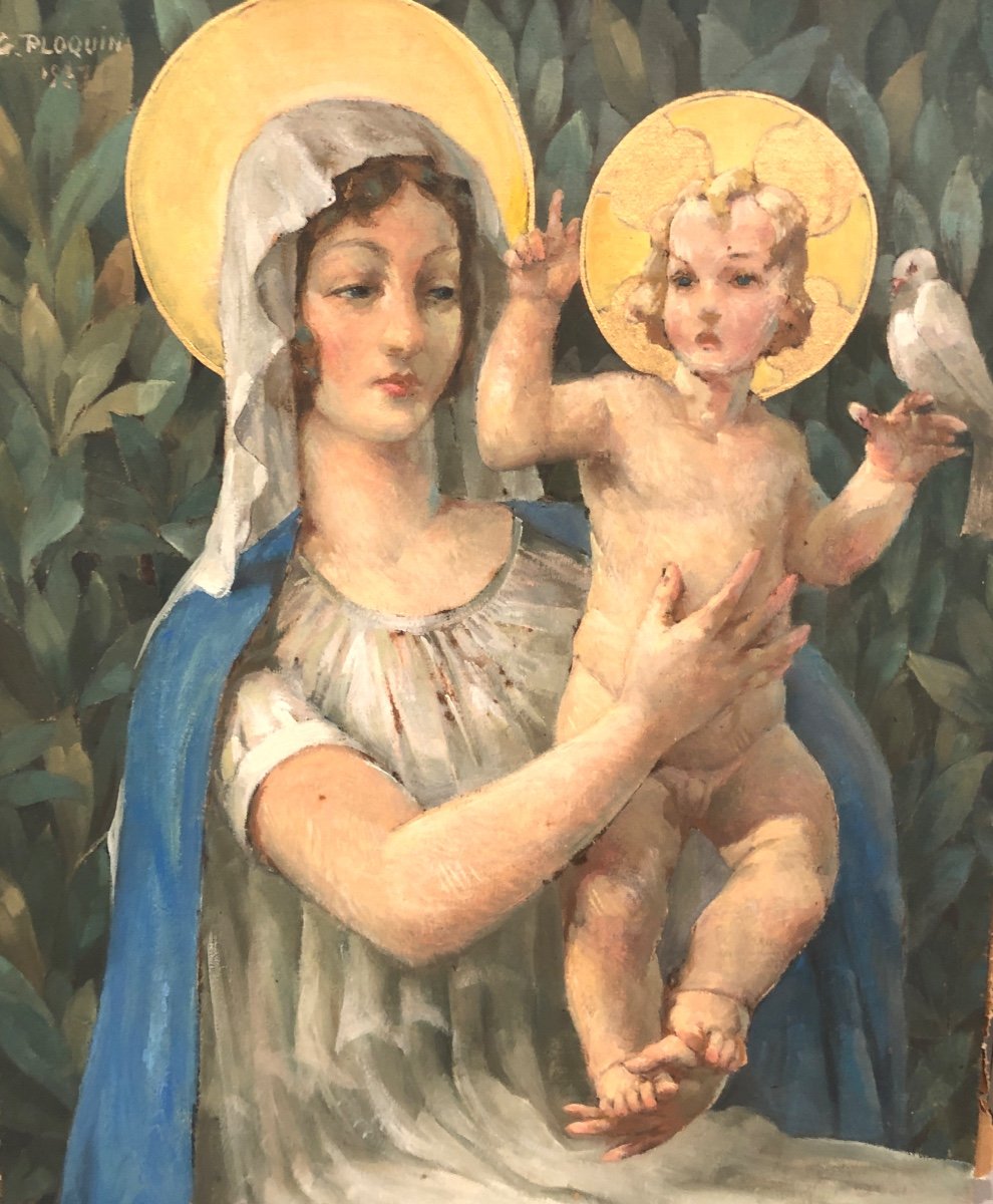 Gaston PLOQUIN 1882-1970 Huile et or 1937 Vierge à L’enfant Art Deco colombe -photo-4