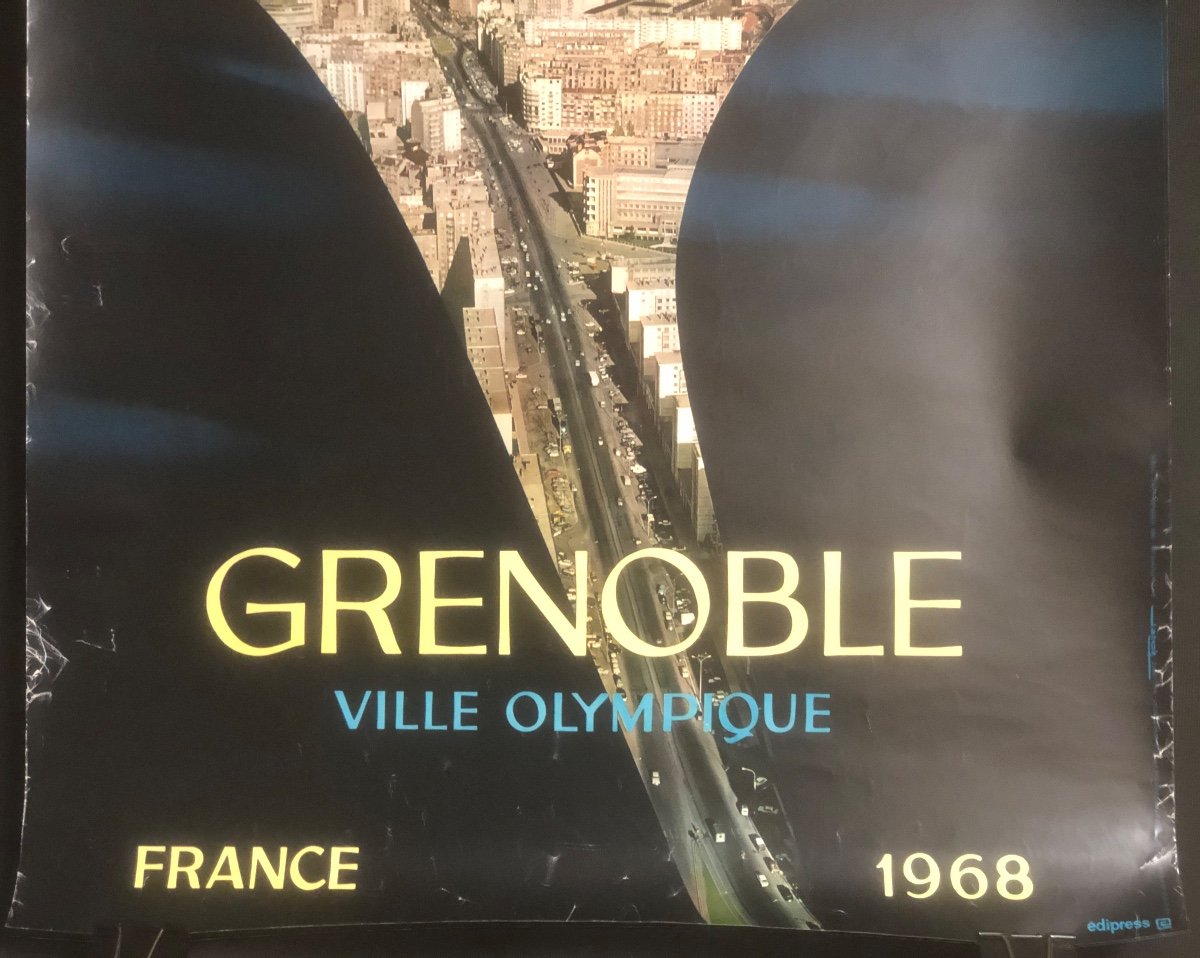 Affiche Originale 1968 GRENOBLE VILLE OLYMPIQUE Jeux Olympiques d’hiver Flamme Sport-photo-4