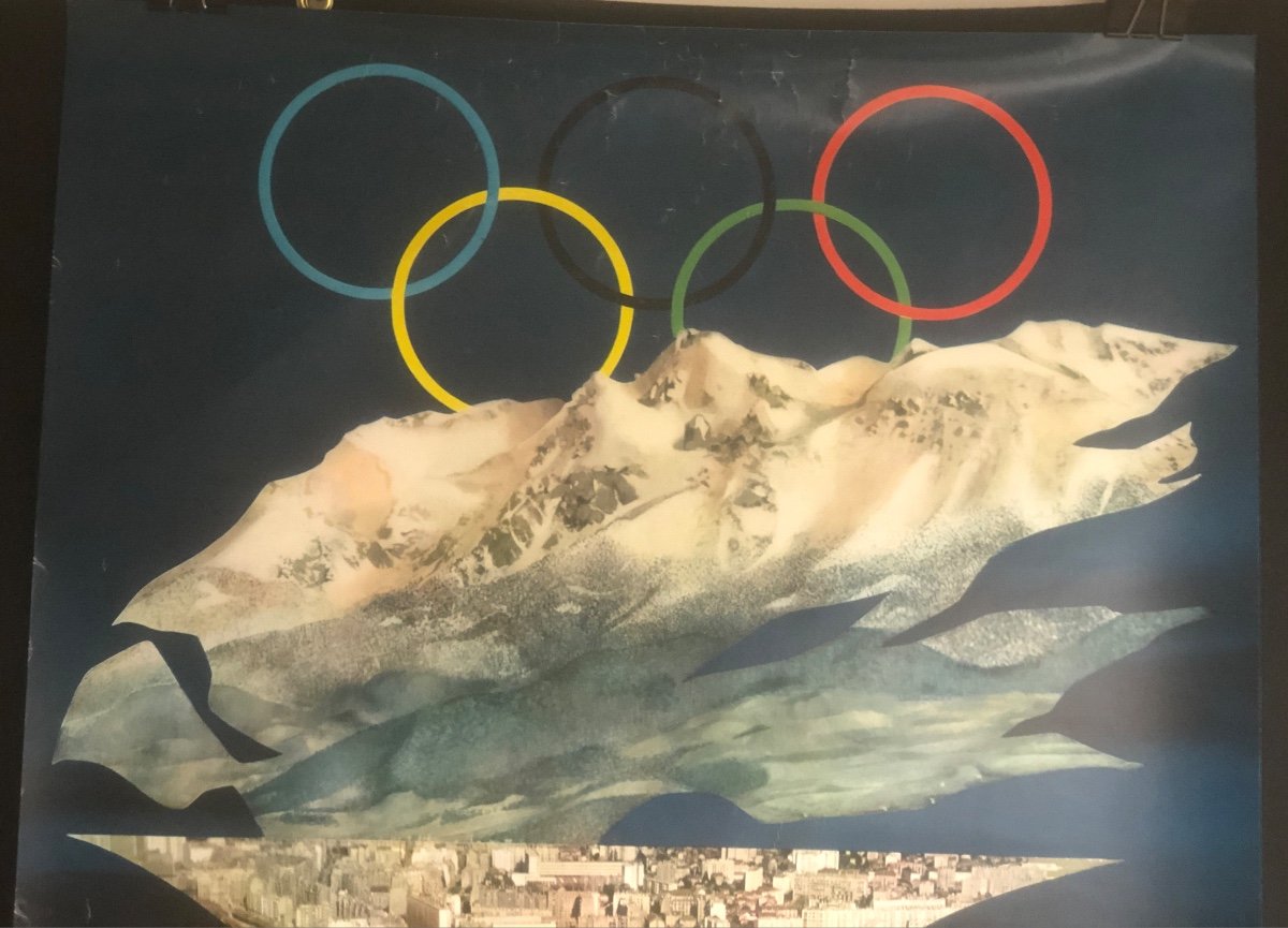 Affiche Originale 1968 GRENOBLE VILLE OLYMPIQUE Jeux Olympiques d’hiver Flamme Sport-photo-1