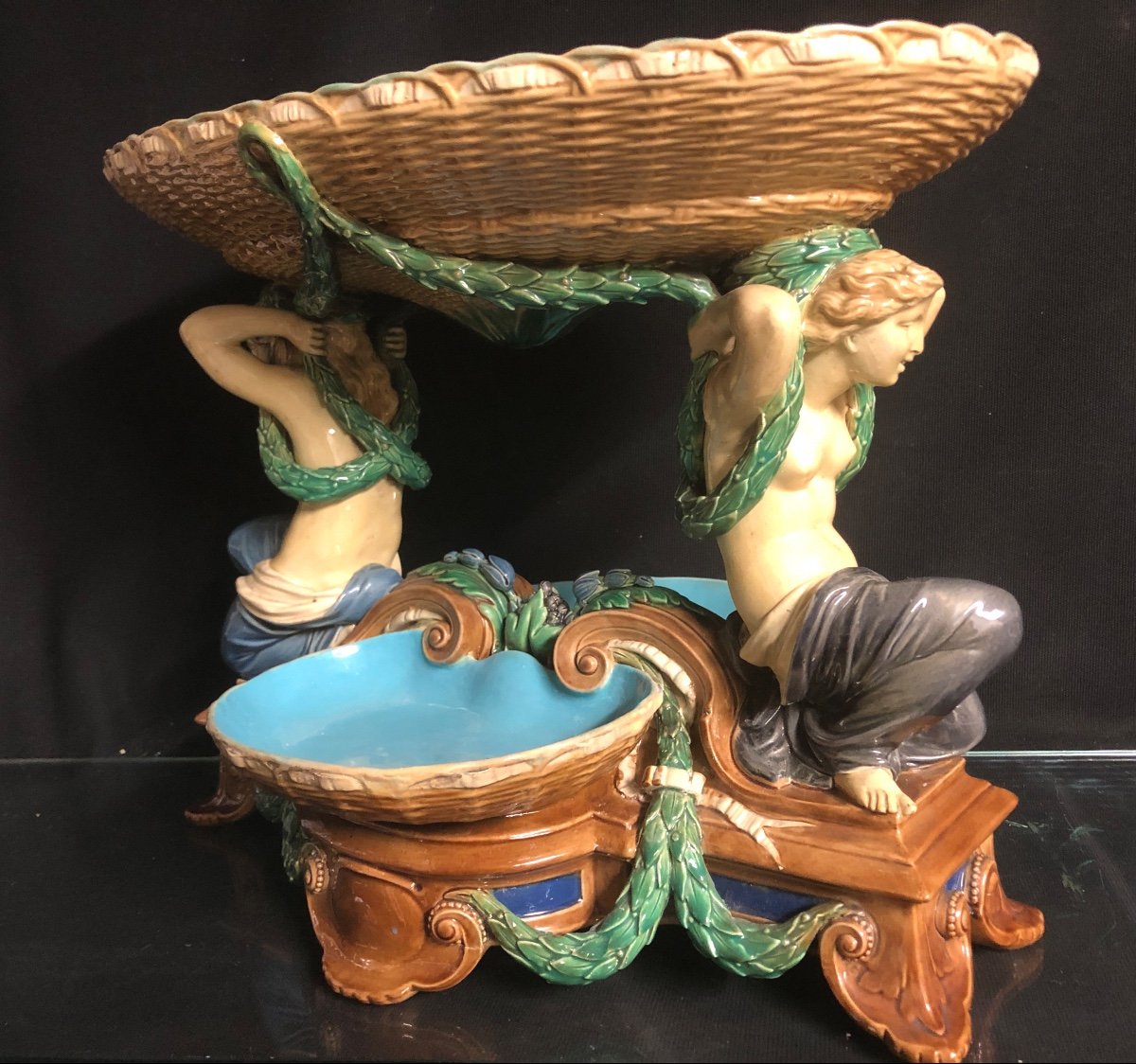 Minton Ou Choisy Le Roi Important Table Centerpiece In Majolica Women Planter-photo-2