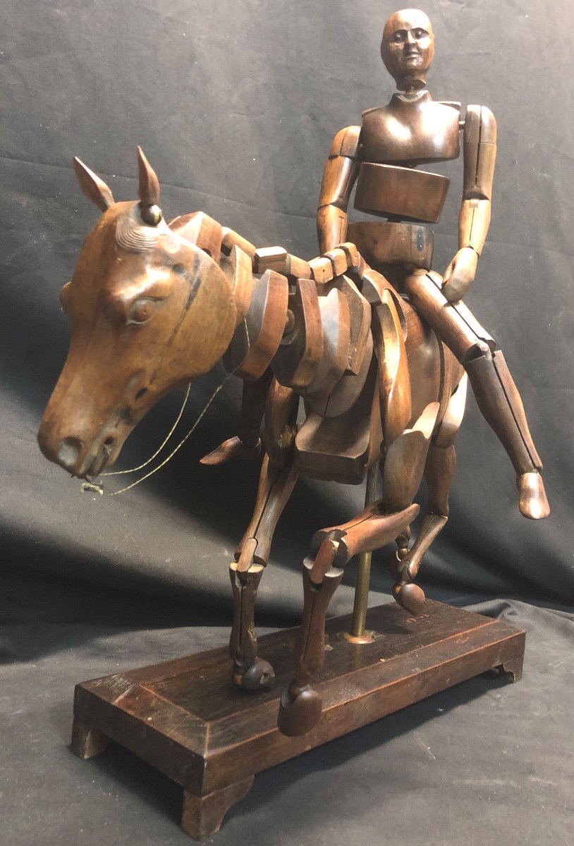 Rare Mahogany Nineteenth Artist Workshop Mannequin Carved And Articulated Horse And Rider In Very Good Condition-photo-1