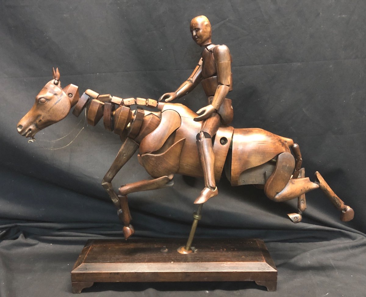 Rare Mahogany Nineteenth Artist Workshop Mannequin Carved And Articulated Horse And Rider In Very Good Condition