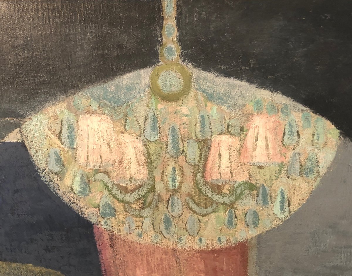 Lydia WILS 1924-1982 IMPORTANTE Huile Couple aux fleurs 120x140cm œuvre fantastique Belge -photo-1