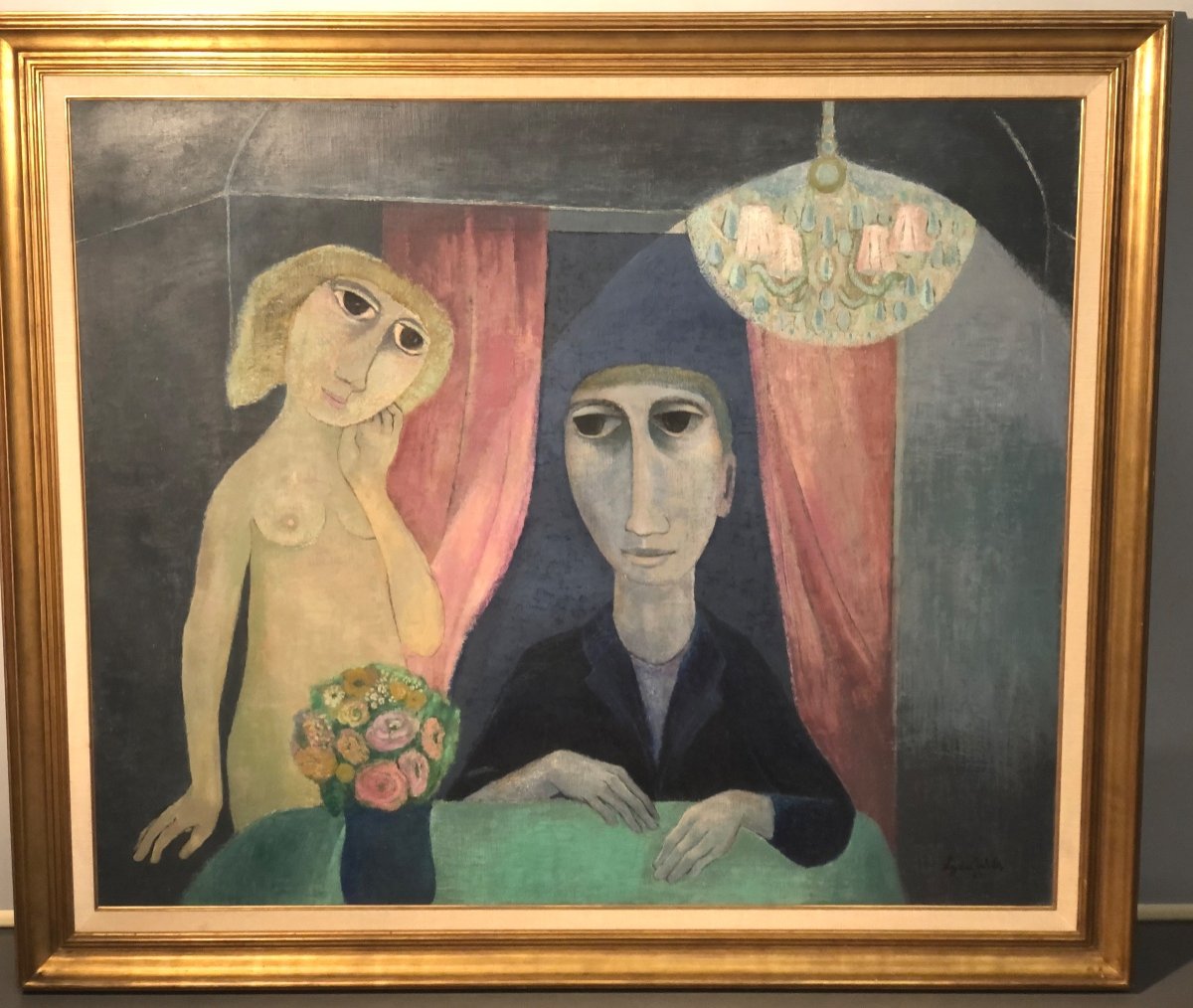 Lydia WILS 1924-1982 IMPORTANTE Huile Couple aux fleurs 120x140cm œuvre fantastique Belge 