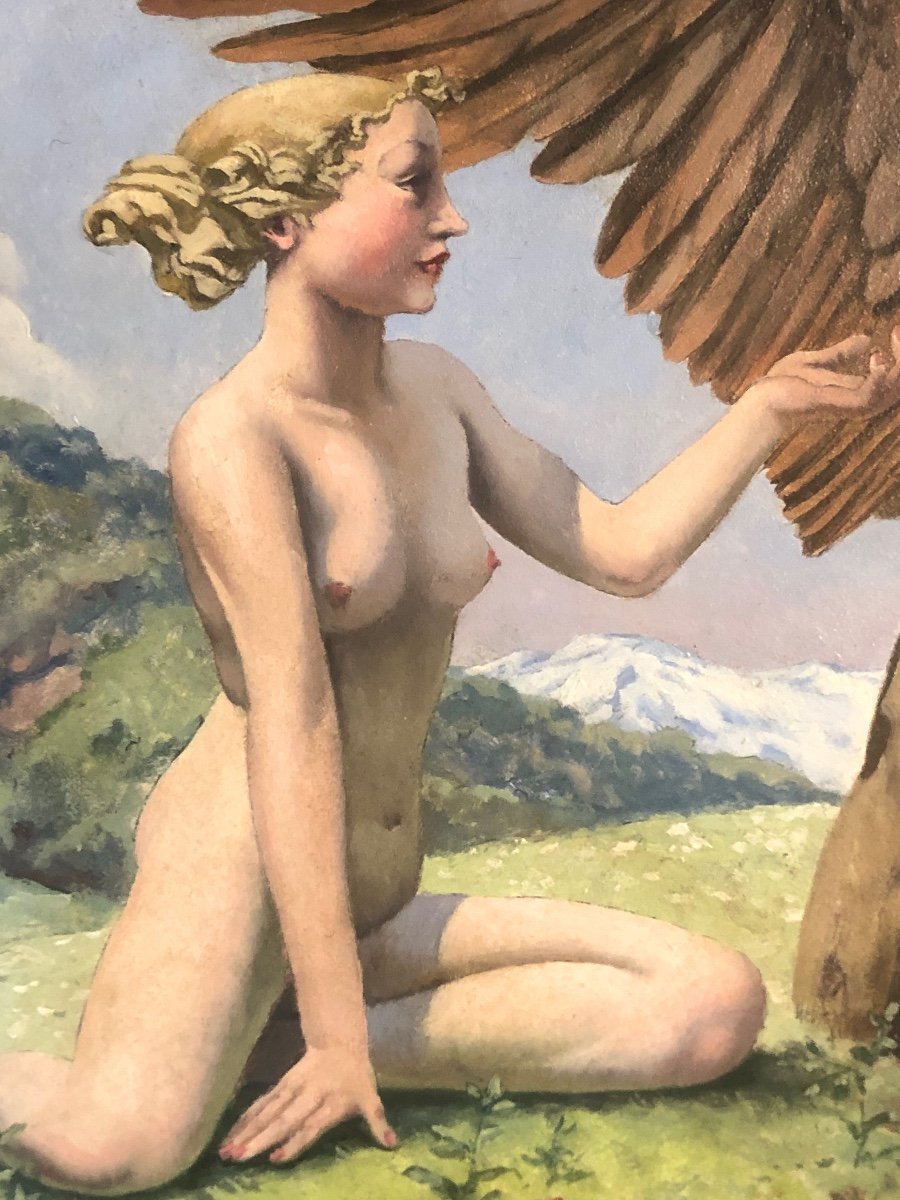 Raphaël DELORME 1885-1962 Huile Jeune Femme et aigle en majesté vers 1950  Art Deco -photo-4