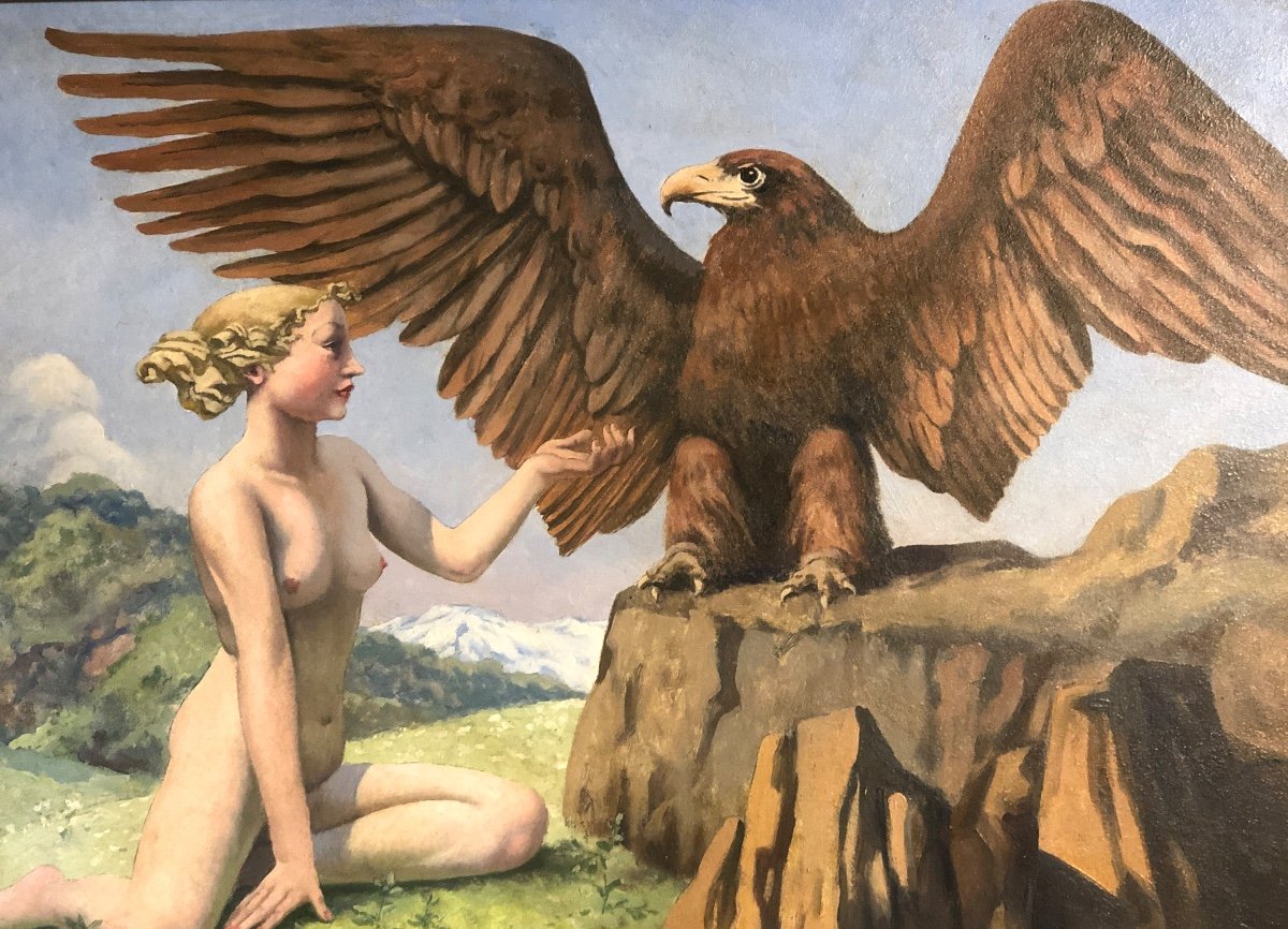 Raphaël Delorme 1885-1962 Oil Young Woman And Eagle In Majesty Around 1950 Art Deco-photo-1
