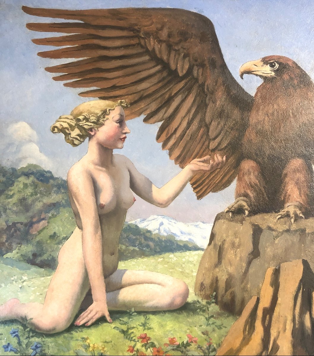 Raphaël Delorme 1885-1962 Oil Young Woman And Eagle In Majesty Around 1950 Art Deco-photo-2