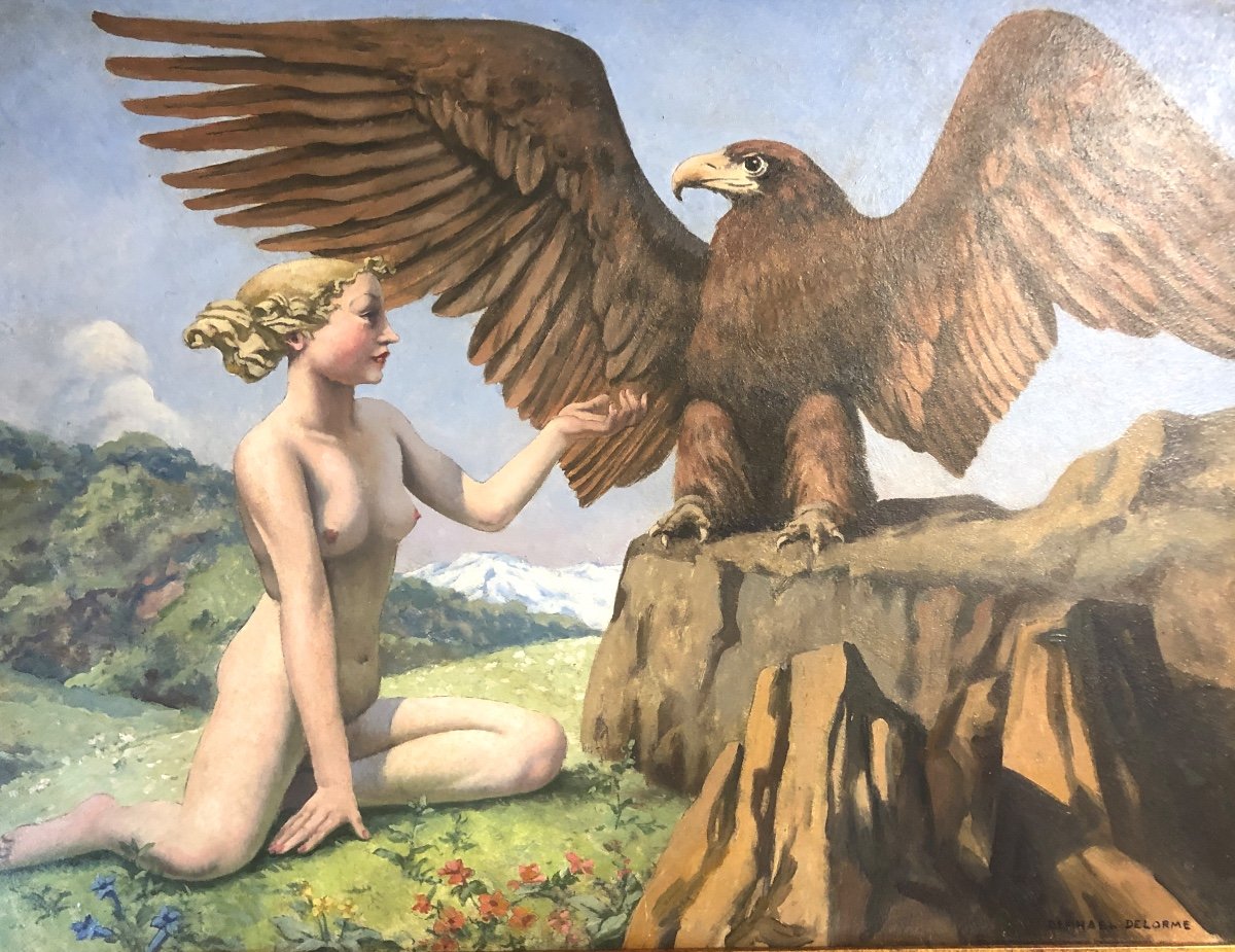 Raphaël DELORME 1885-1962 Huile Jeune Femme et aigle en majesté vers 1950  Art Deco 