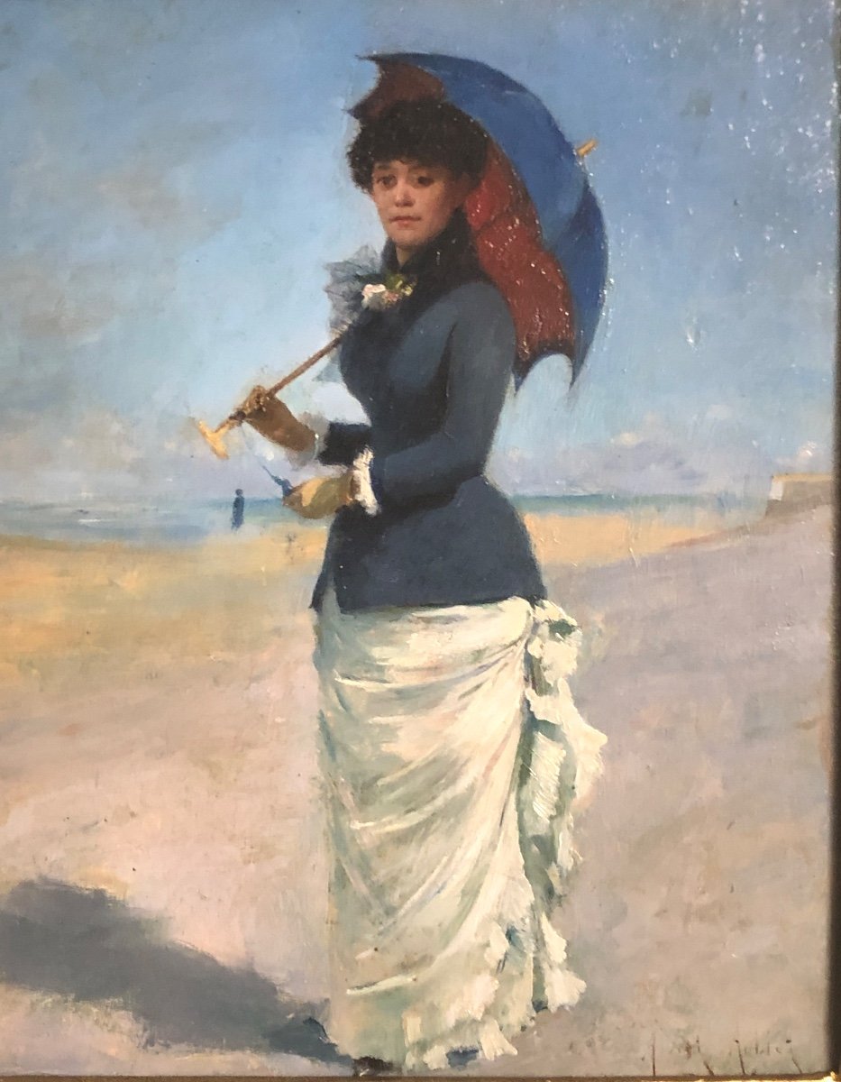 Albert Aublet 1851-1938 Elegant Oil On The Treport Beach-photo-2