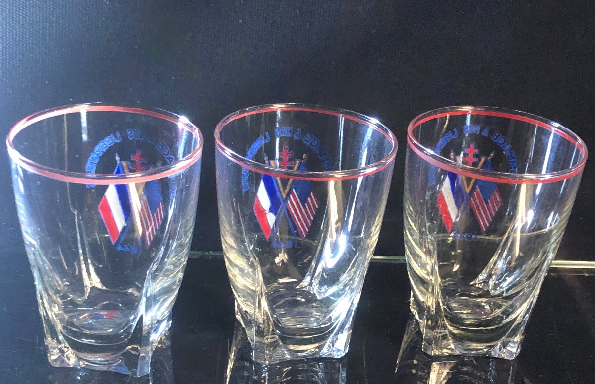 RARE suite de 3 verres Hommage à nos libérateurs 1944 Alsace Lorraine Amérique France Militaria-photo-2