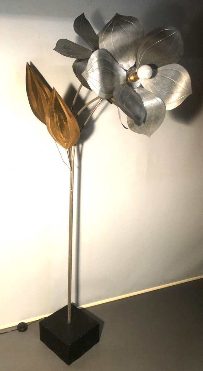 Lampadaire Fleurs 1960 en métal argenté et laiton 175 cm-photo-3