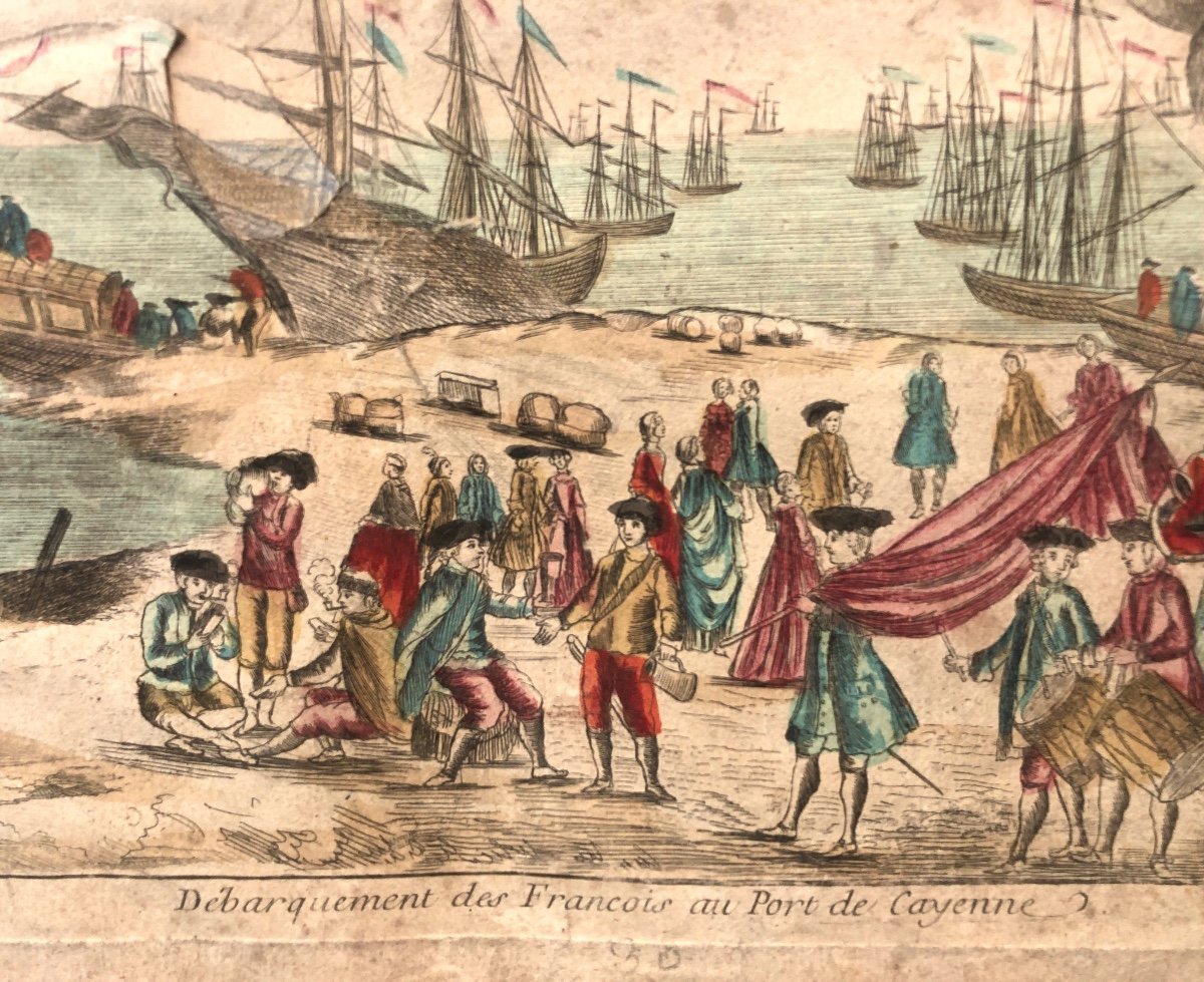 Rare 18th Century Engraving Cayenne Guyana Landing Of The French At The Port-photo-3