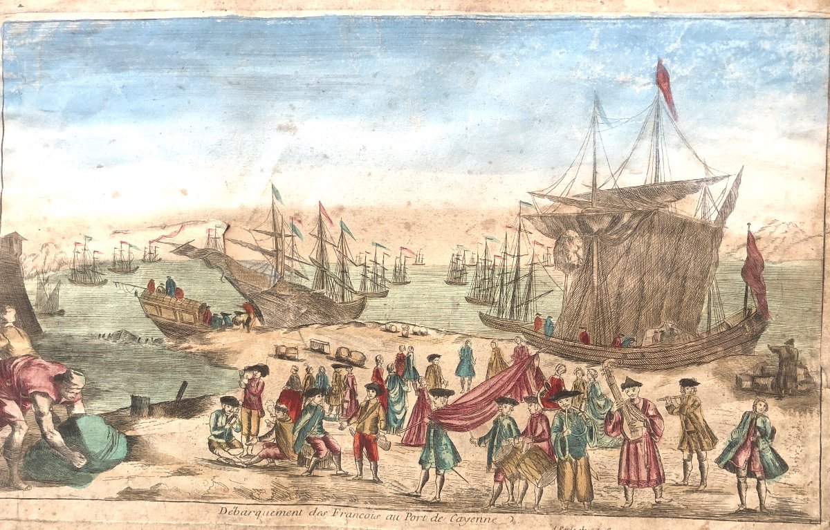 Rare 18th Century Engraving Cayenne Guyana Landing Of The French At The Port