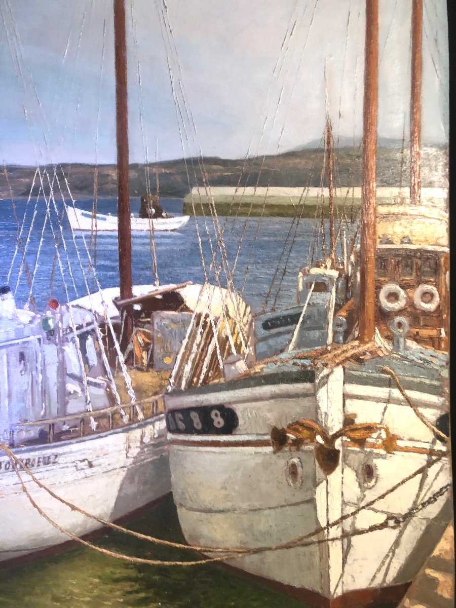 Pierre ROIG 1905-1963 IMPORTANTE Huile bateaux au port en Méditerranée 73x100cm Lyon -photo-2