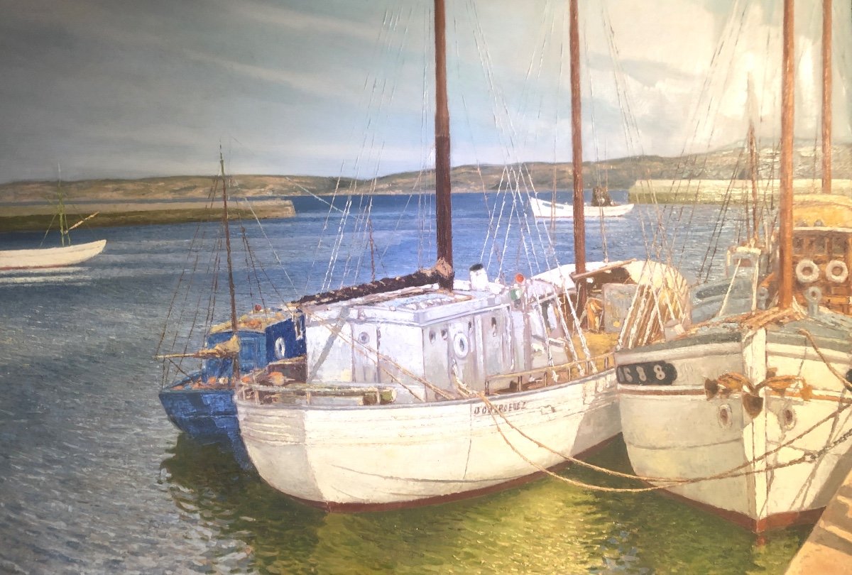 Pierre ROIG 1905-1963 IMPORTANTE Huile bateaux au port en Méditerranée 73x100cm Lyon -photo-2