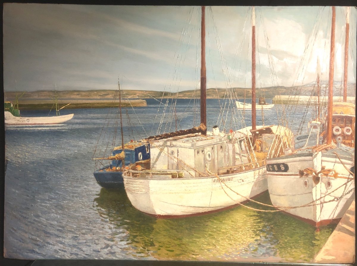 Pierre ROIG 1905-1963 IMPORTANTE Huile bateaux au port en Méditerranée 73x100cm Lyon 