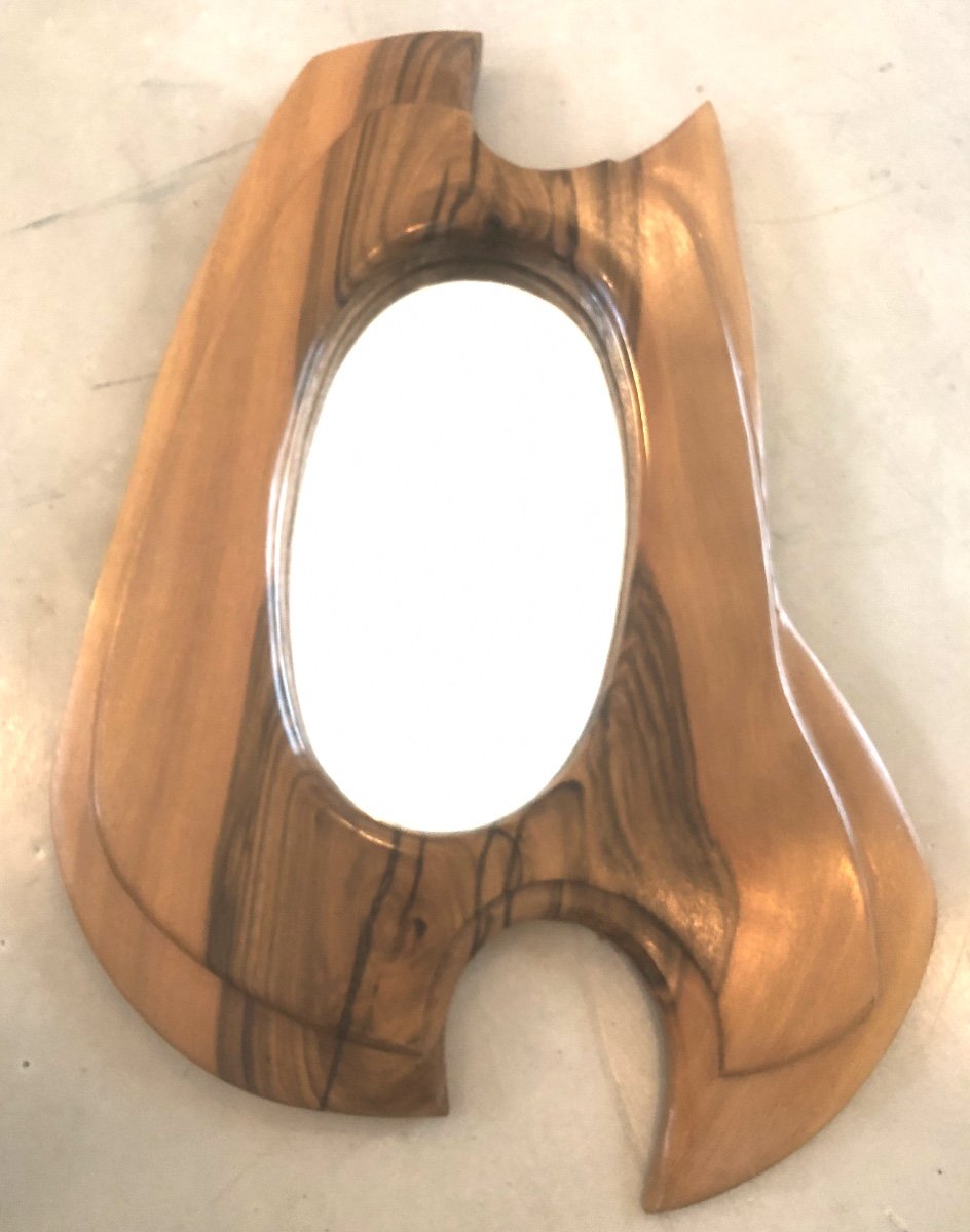 GRAND miroir 1960 Forme Libre en bois veiné 56 cm