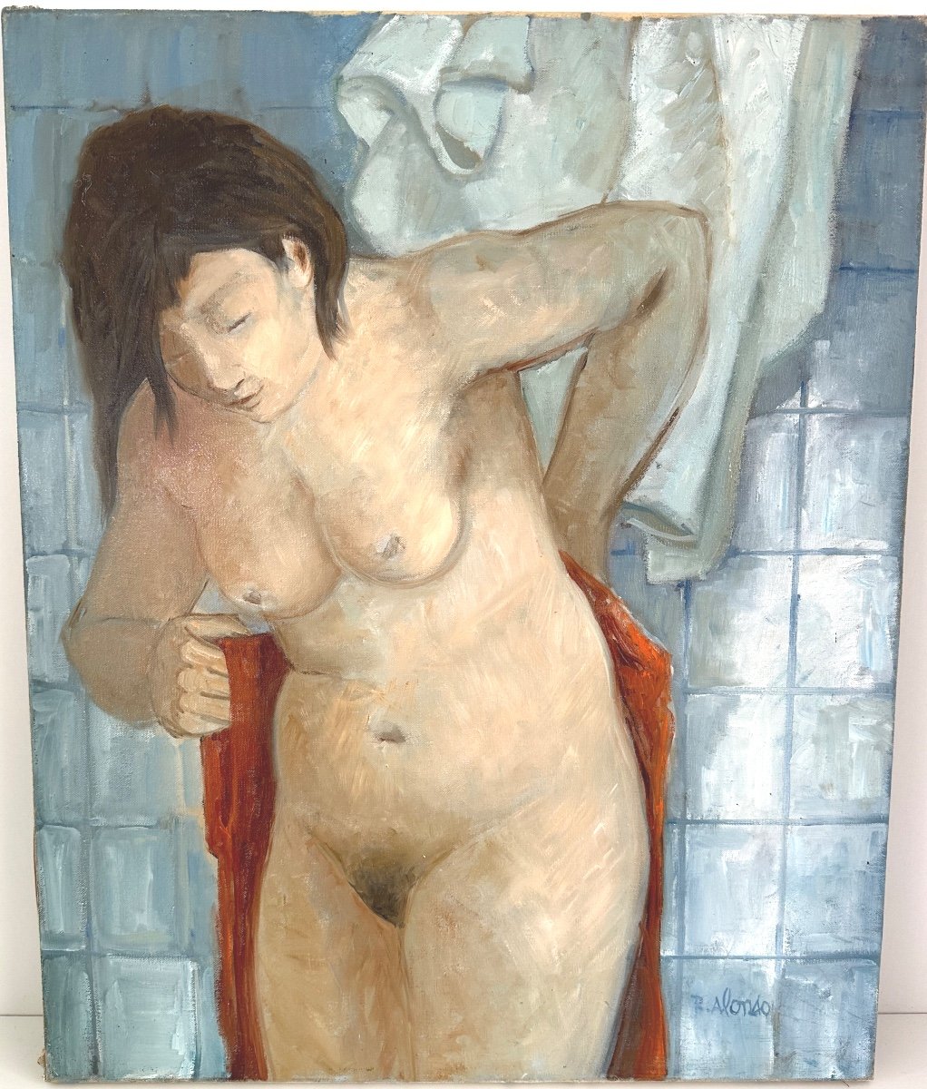 Rafael ALONSO 1924-1995 Huile jeune femme à sa toilette Intérieur bleu Espagne /1