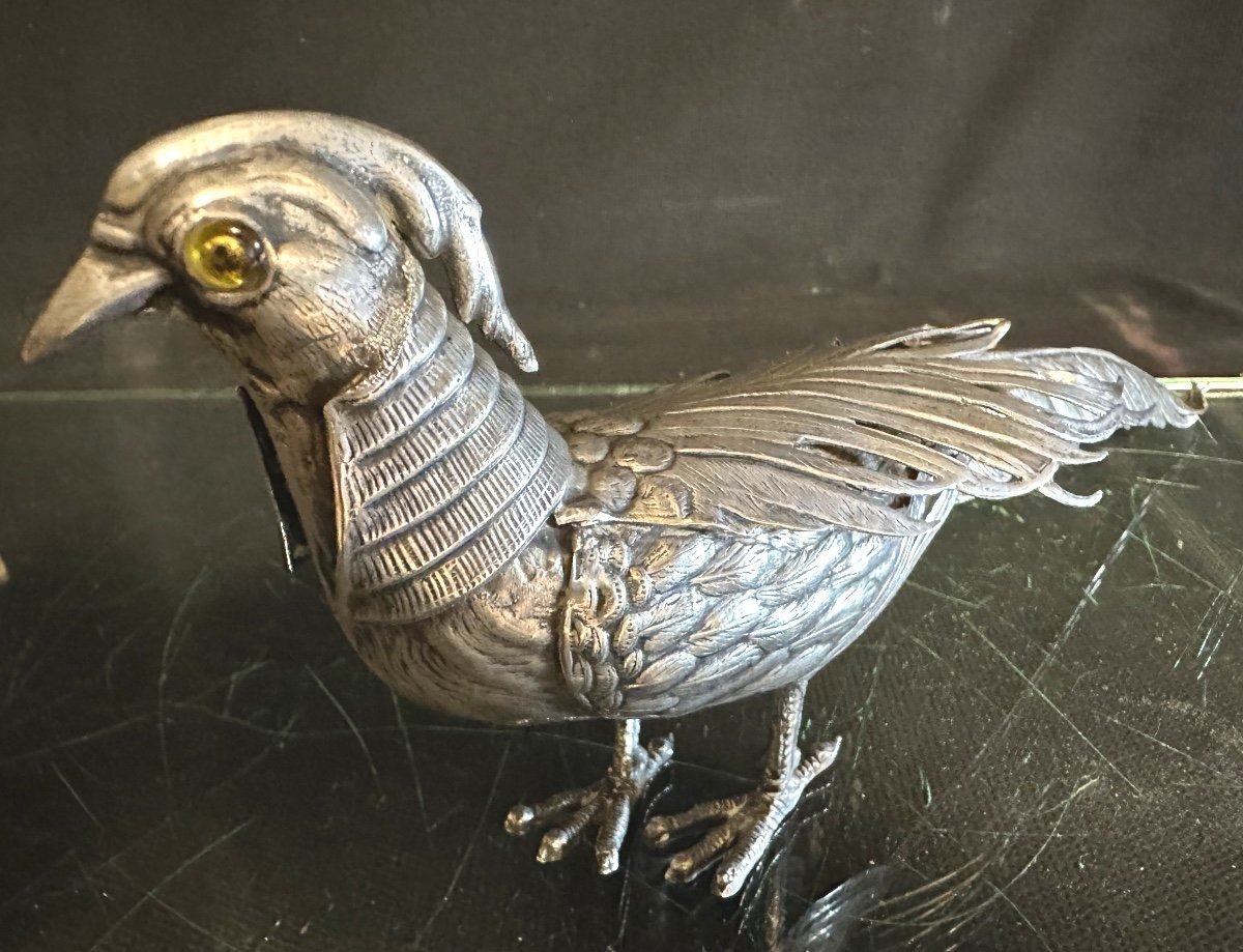 Pheasant In Alpaca Says German Silver Signed 31 Cm Very Good Condition Glass Eyes-photo-3