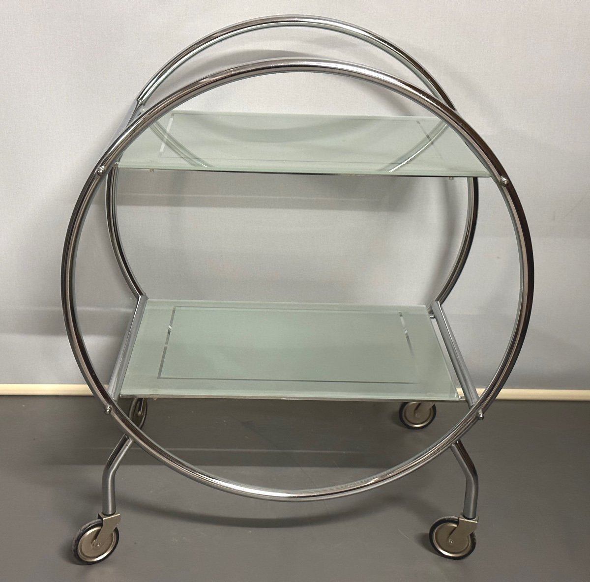 Table roulante Desserte bar Art Deco à 2 plateaux gravés Trolley chariot de service -photo-8