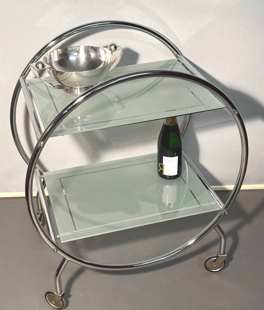 Table roulante Desserte bar Art Deco à 2 plateaux gravés Trolley chariot de service 