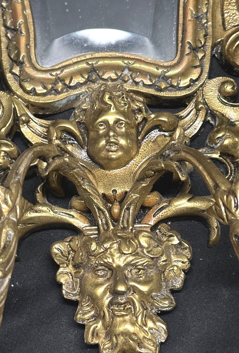 Spectacular Pair Of Nineteenth Bronze Mirror Sconces With 2 Arms Of Light Louis XIV Style-photo-2