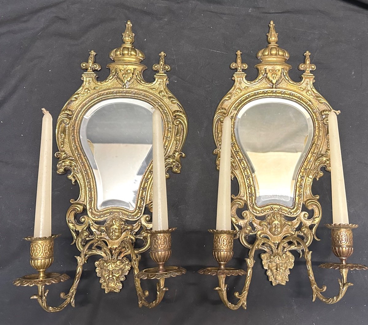 Spectacular Pair Of Nineteenth Bronze Mirror Sconces With 2 Arms Of Light Louis XIV Style-photo-1