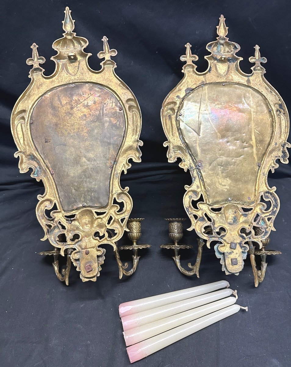 Spectacular Pair Of Nineteenth Bronze Mirror Sconces With 2 Arms Of Light Louis XIV Style-photo-4