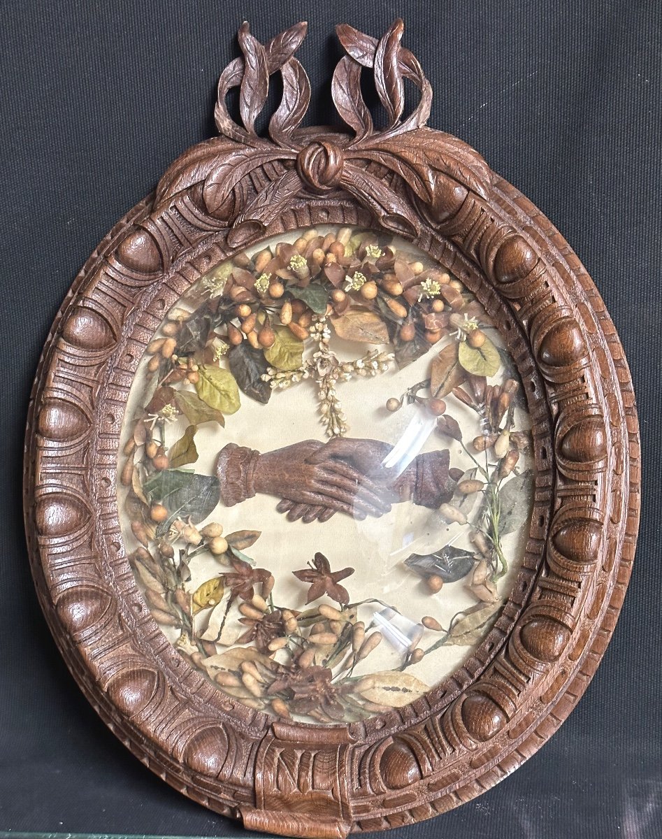 Large Oval Medallion In Carved Wood And Curved Glass Friendship Hands