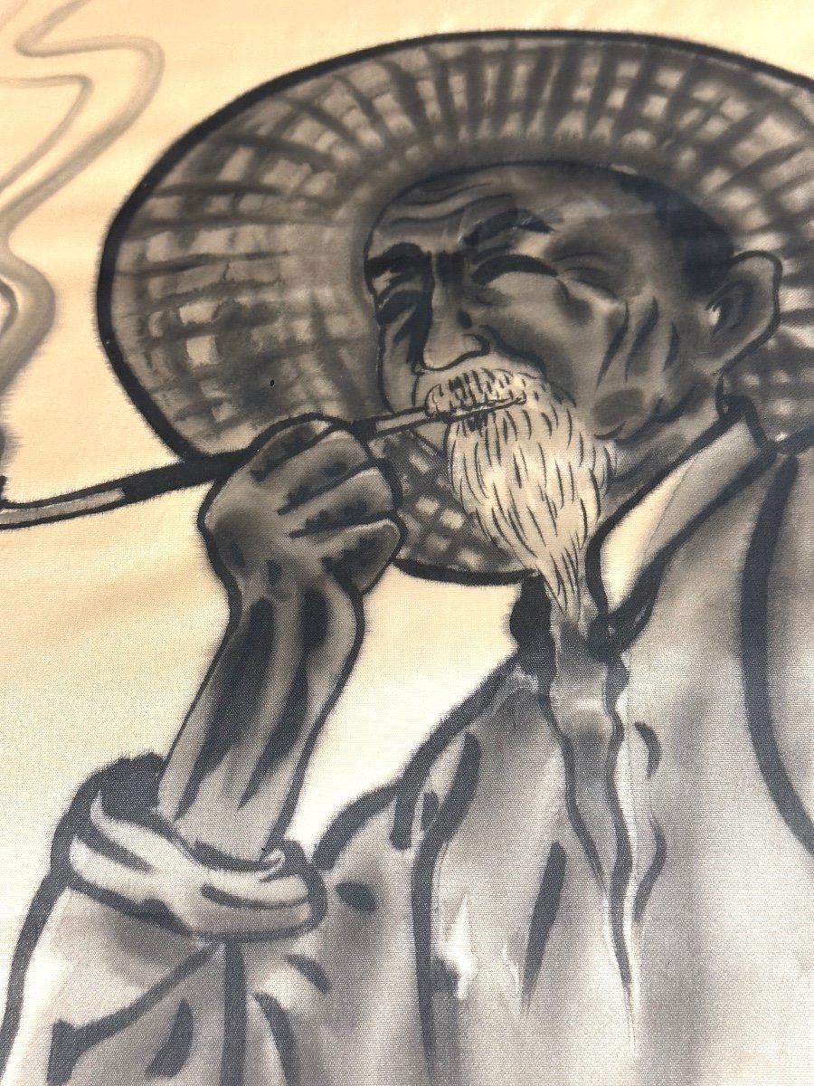 David CHAN XXe Fumeur de pipe Peinture sur soie Hong Kong Signée -photo-1