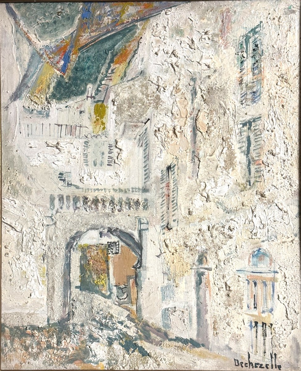 Claude DECHEZELLE 1928-2003 RARE Huile PATMOS Ruelle de CHORA île blanche en Grèce Blanc -photo-2