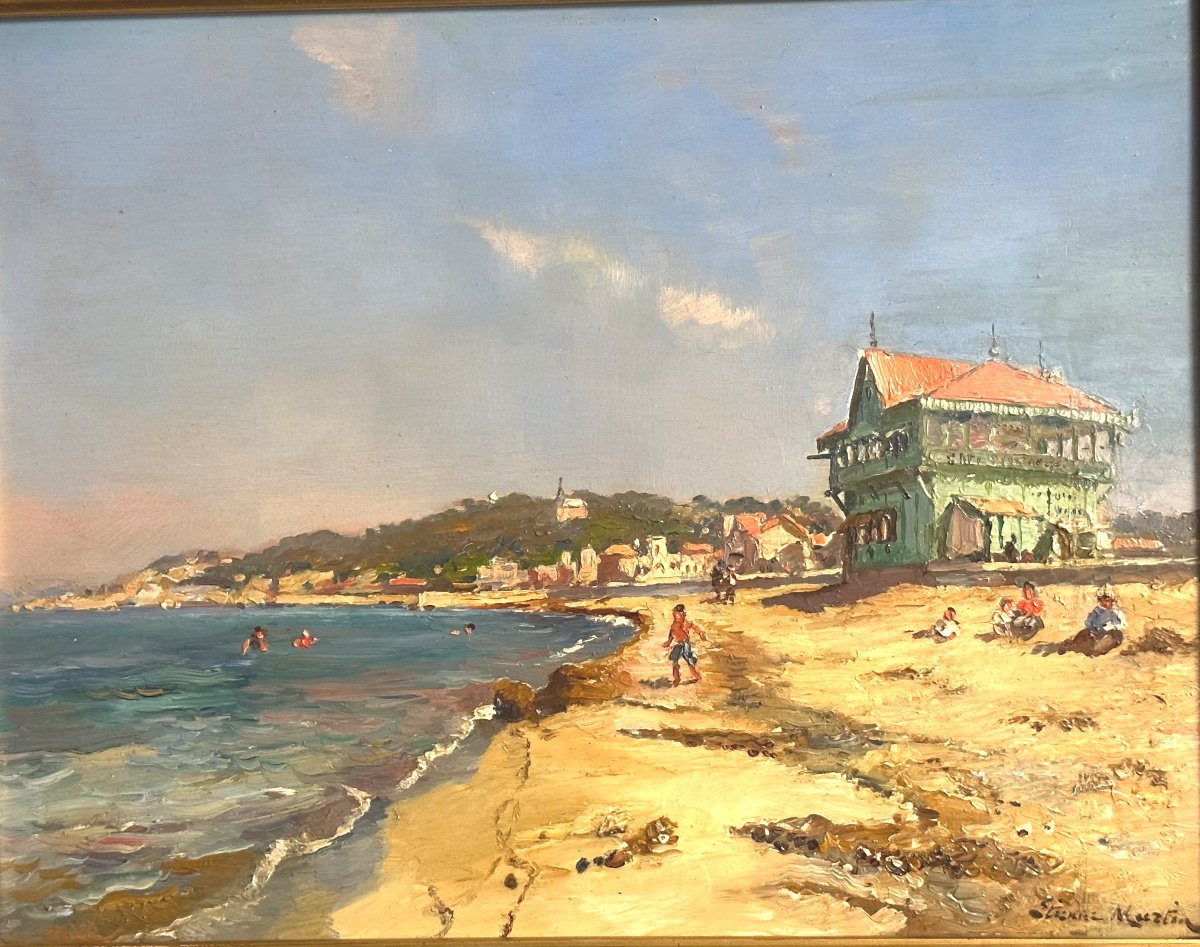 Etienne Martin 1858-1945 Rare Oil Prado Beach Animated In Marseille In 1931 Signed Digne-photo-2