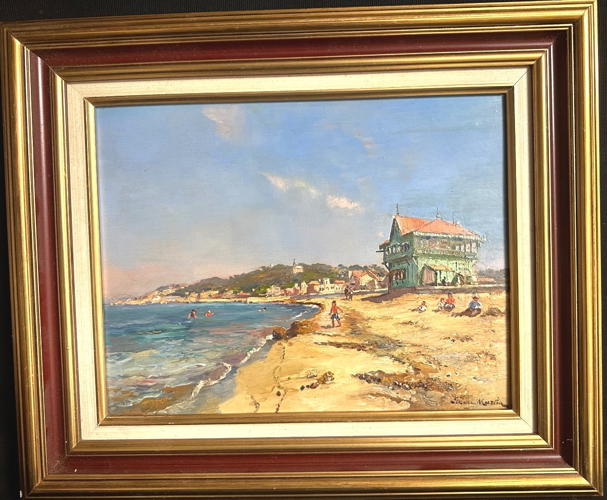 Etienne MARTIN 1858-1945 RARE Huile Plage du Prado animée à Marseille en 1931 signée Digne 