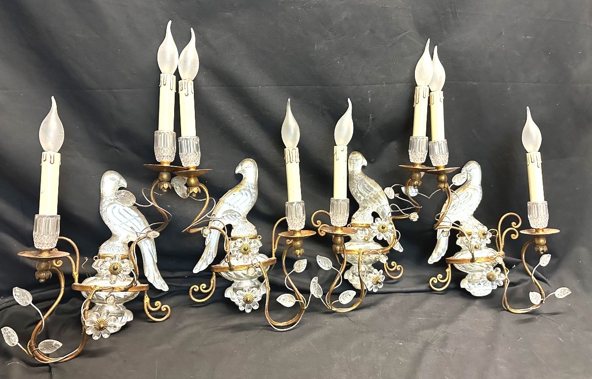 Maison Baguès In Paris Rare Suite Of 4 Wall Lamps With 2 Lights Parrot Or Parakeet 1950 In Very Good Condition-photo-2