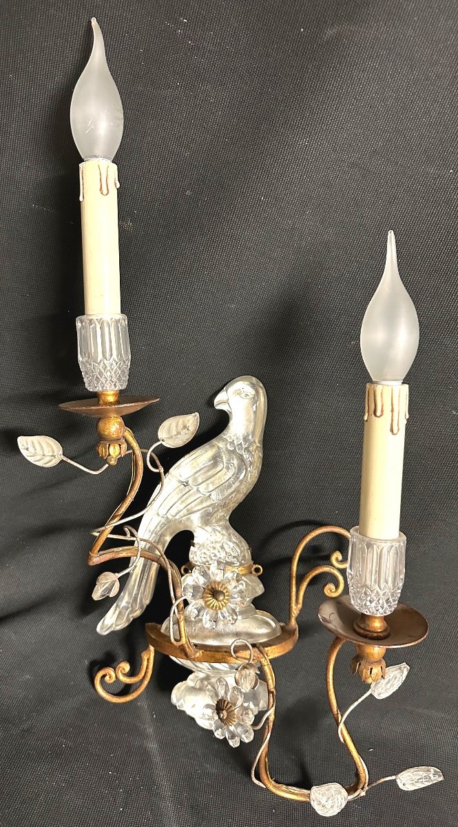 Maison Baguès In Paris Rare Suite Of 4 Wall Lamps With 2 Lights Parrot Or Parakeet 1950 In Very Good Condition-photo-3