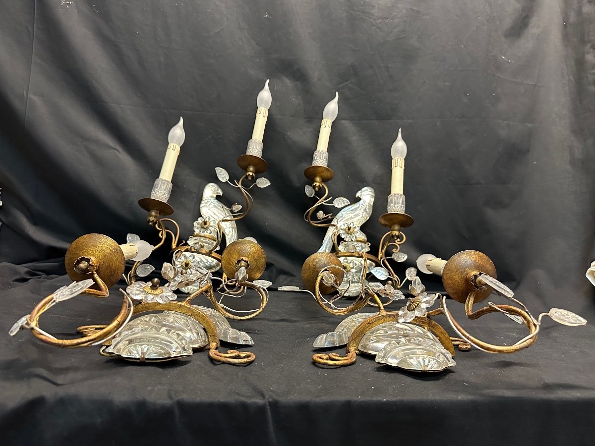 Maison Baguès In Paris Rare Suite Of 4 Wall Lamps With 2 Lights Parrot Or Parakeet 1950 In Very Good Condition-photo-3