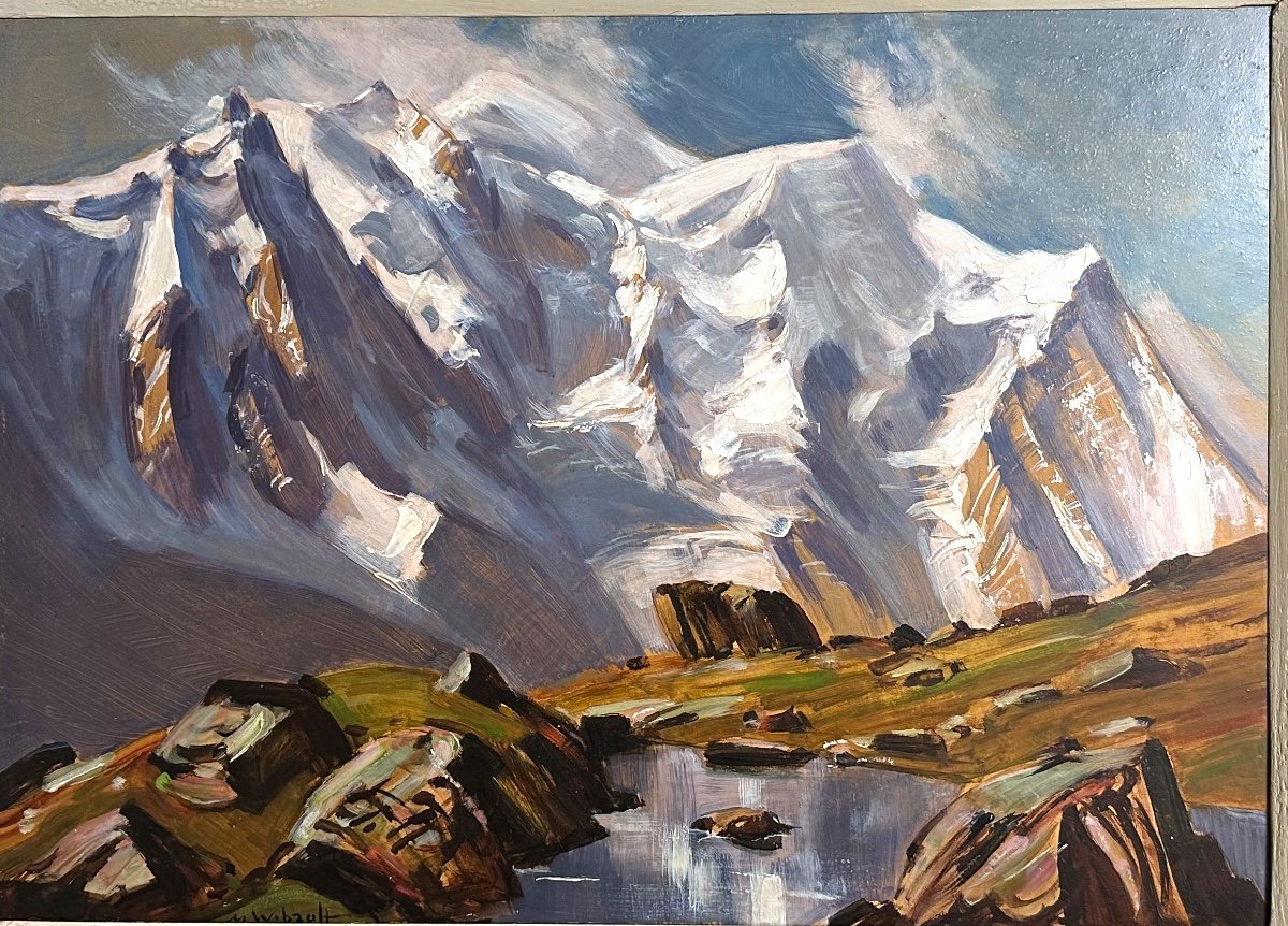 Marcel WIBAULT 1904-1998 Huile Le Mont Blanc Les Aiguilles de Chamonix 1952 Alpes Flegere En très bon état -photo-2